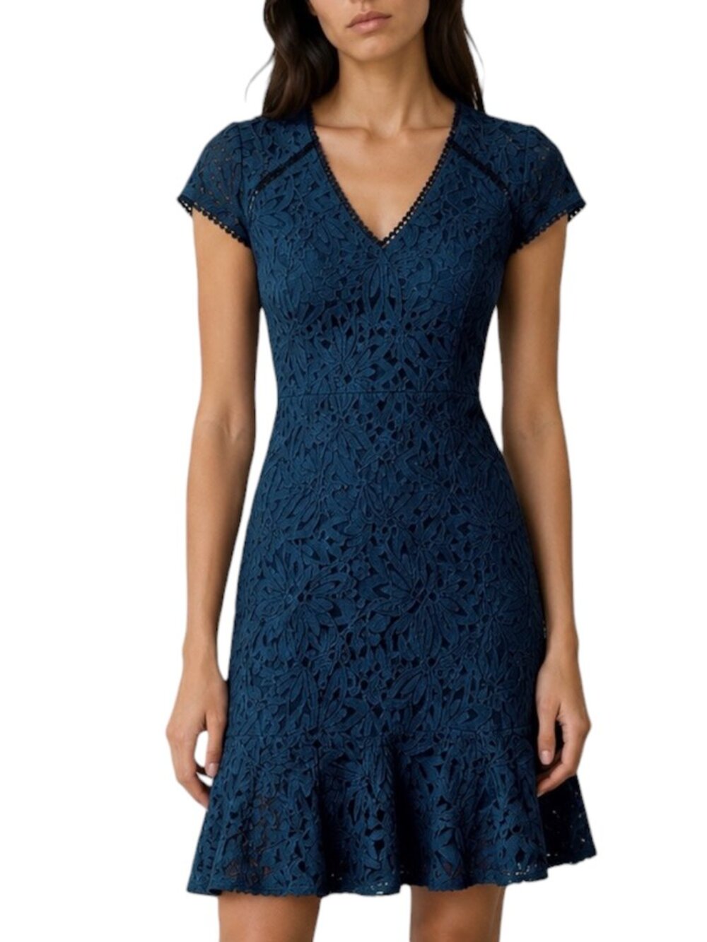 Size 8 NWT Kensie Blue Floral Lace V Neck Sheath Midi Dress ruffle Trim
